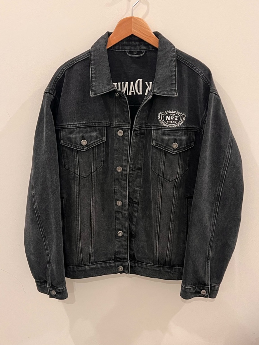 Jack Daniel’s Black Denim Jacket Size L Embroidered Old No 7 Trucker
